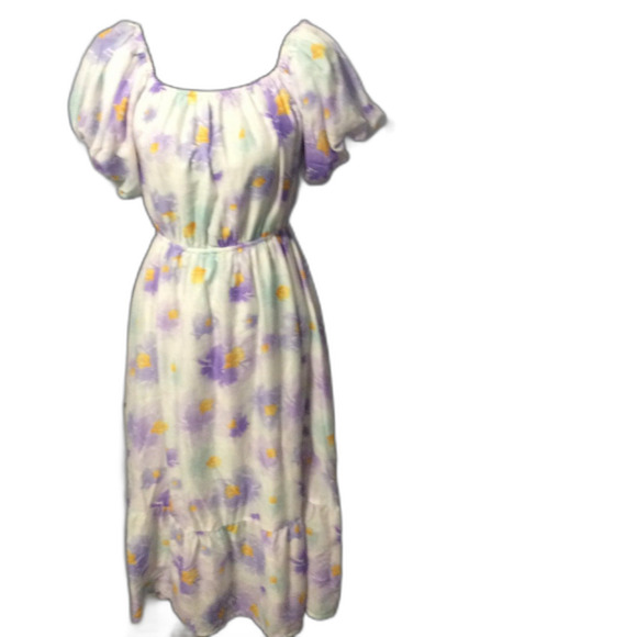 Cottagecore Puffed Sleeves Floral Dress Large L Lined Gathered Neckline - Picture 1 of 7